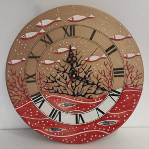 Orologio Ø cm 35 decoro marino fondo rosso e bronzo a rilievo