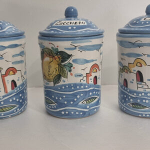 Barattoli in ceramica con coperchio decoro casette e limoni