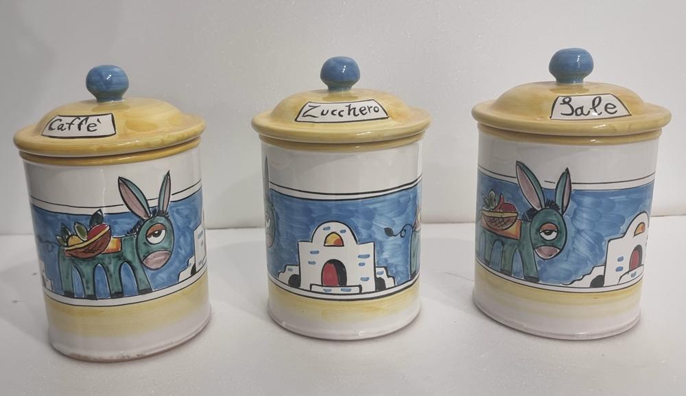 Barattoli in ceramica con coperchio decoro caselle e asinello vietrese