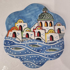 Poggiapentola cm 22 decoro casette costiera fondo azzurro mare e alici